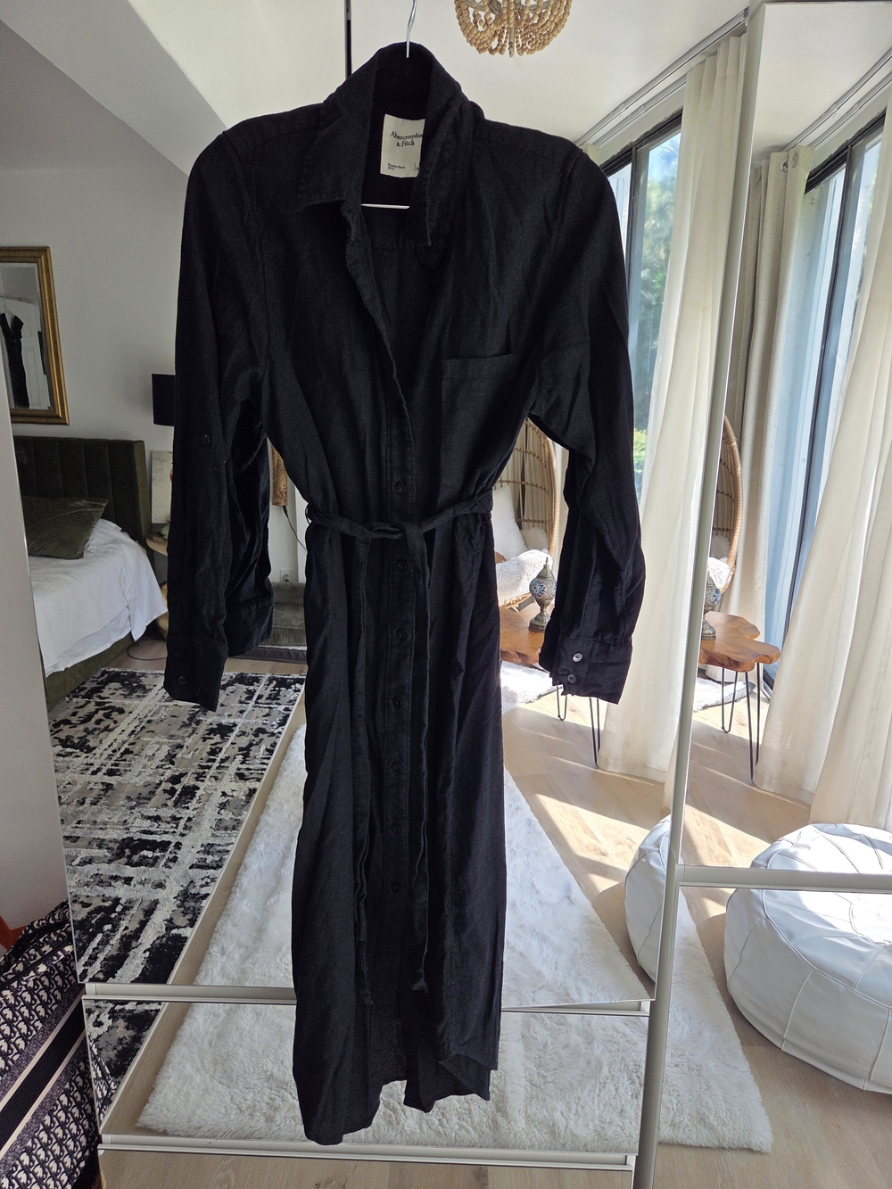 Black Long Button-Front Shirt Linen Dress with Waist Tie Abercrombie & Fitch